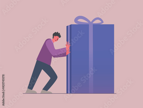 man dragging a gift, pushing a massive gift, effort for love one concept, surprise gift. vector illustration