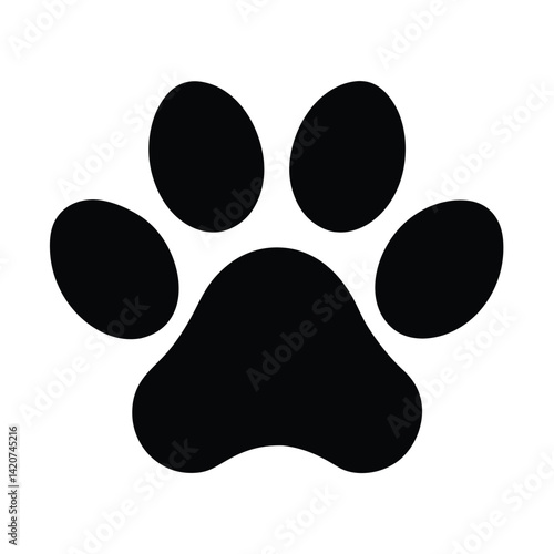 A solitary black paw print is centered on a stark white background.
