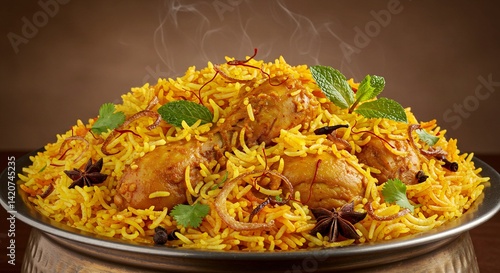 Delicious and Steaming Chicken Biryani Garnished with Fresh Mint Leaves