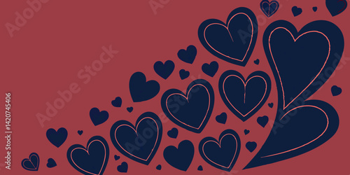 Dark navy blue  paper hearts arranged over dark red background vector, illustration.
