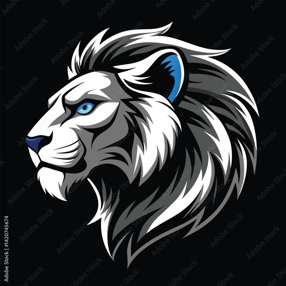 Fototapeta premium A striking black and white profile of a lion's head with piercing blue eyes emerges from a deep black background. 