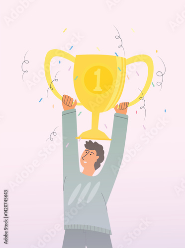 winning first place, celebrating first place winner while show the trophy, winner concept, winner celebration. vector illustration