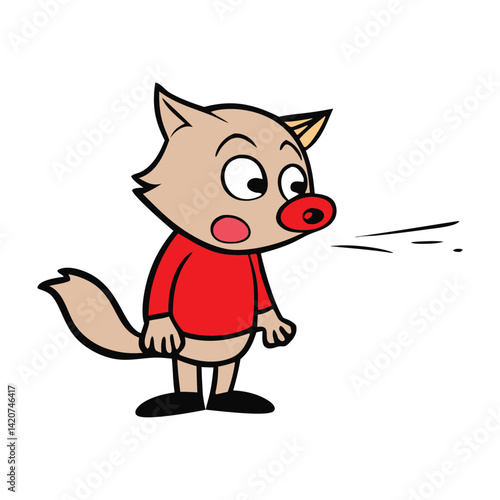 Little pig stands firm as the Big Bad Wolf huffs and puffs, blowing fiercely at the sturdy brick house—but it won’t budge! Classic fairy tale showdown in action.