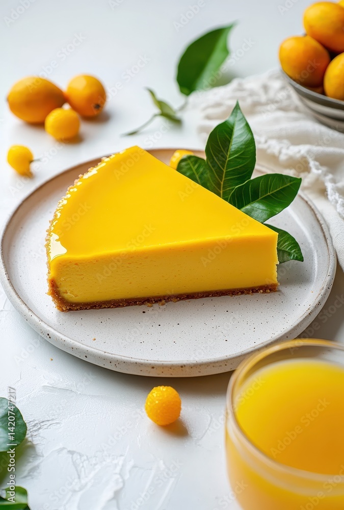 Fototapeta premium Fresh Lemon Tart with Smooth Custard Filling Garnished with Citrus Leaves on a Light Background Perfect for Dessert Lovers and Food Photography