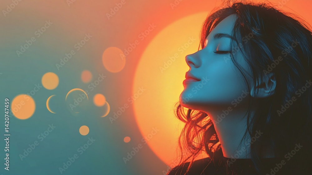 Serene woman with closed eyes, illuminated by vibrant orange and blue light, against a bokeh background. Serene woman with closed eyes, illuminated by vibrant orange and blue light, against a bokeh background.