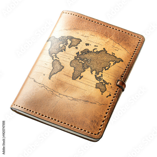 Brown Leather Travel Journal with World Map Design