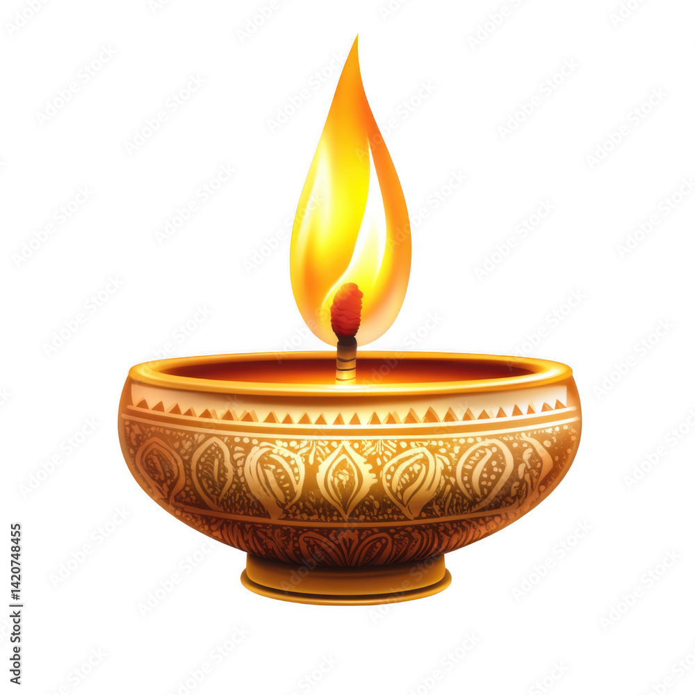 Golden Ornate Candle Bowl with Bright Flame on Transparent Background Golden Ornate Candle Bowl with Bright Flame on Transparent Background