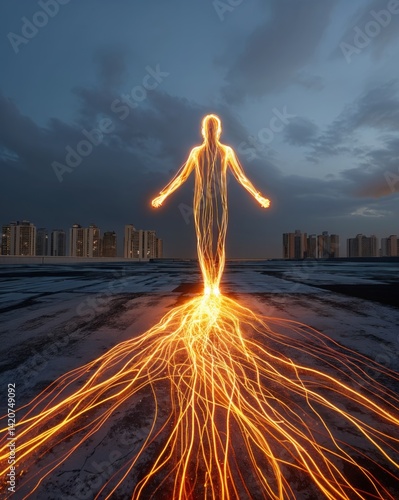 A luminous figure stands against a twilight sky in an urban setting, radiating vibrant trails of light that intertwine with the concrete surroundings, evoking a sense of wonder and mystique.