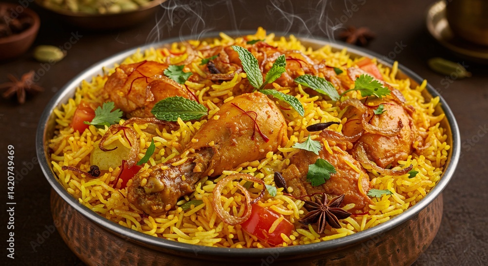 Aromatic chicken biryani in a copper bowl, a tempting view of indian cuisine Aromatic chicken biryani in a copper bowl, a tempting view of indian cuisine