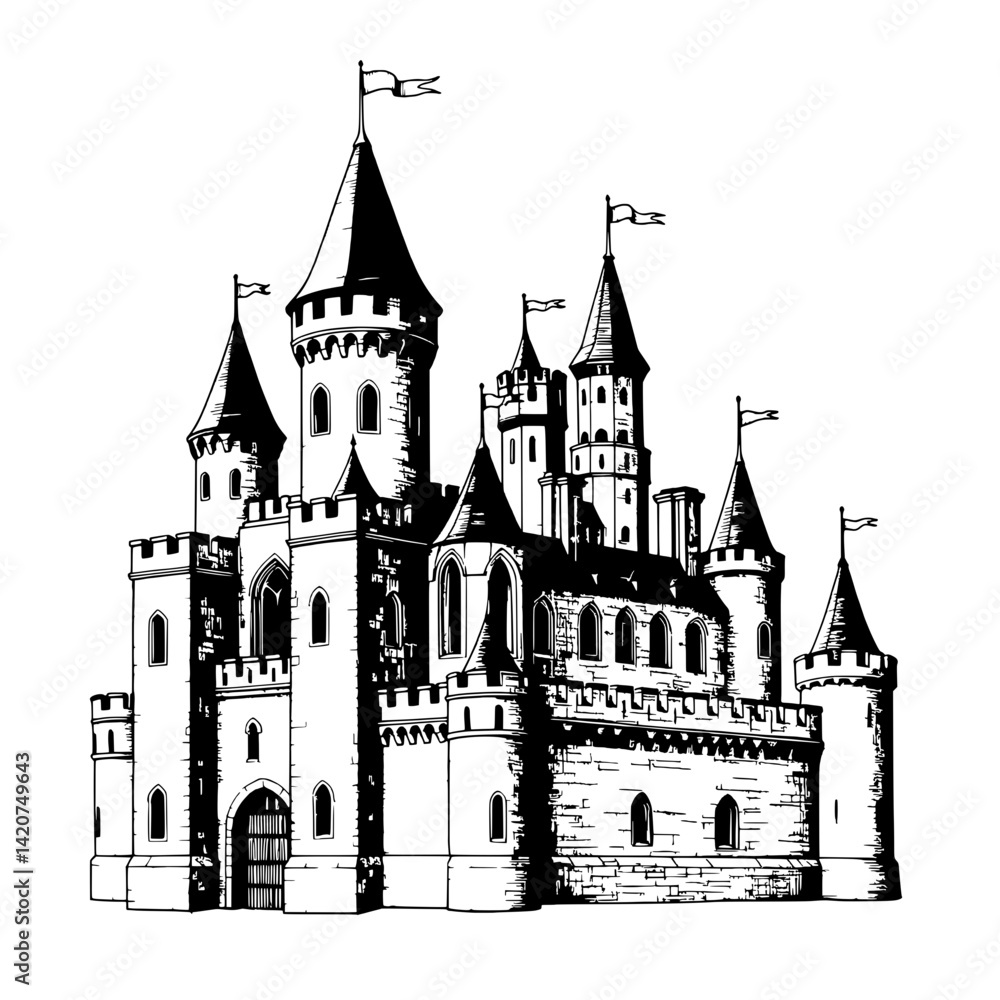 Fototapeta premium Majestic Castle Illustration: A grand medieval castle with multiple towers, crenellations, and flags stands tall and proud, a testament to history and architecture.