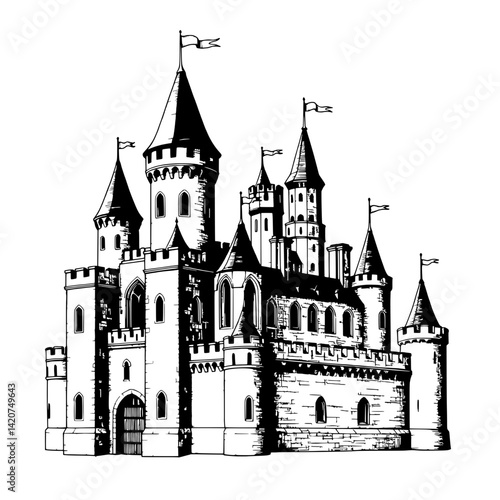 Majestic Castle Illustration: A grand medieval castle with multiple towers, crenellations, and flags stands tall and proud, a testament to history and architecture.