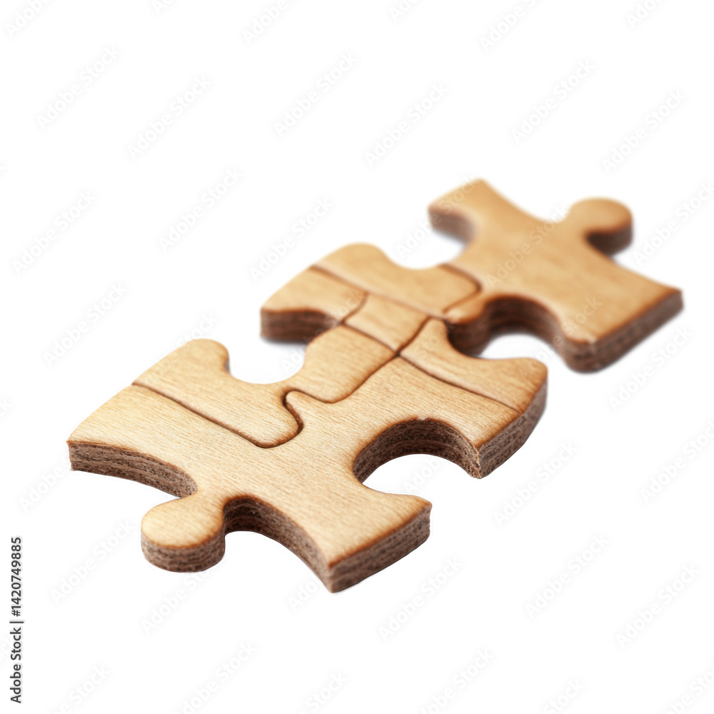 Fototapeta premium Two Light Brown Wooden Puzzle Pieces Interlocked on Transparent Background