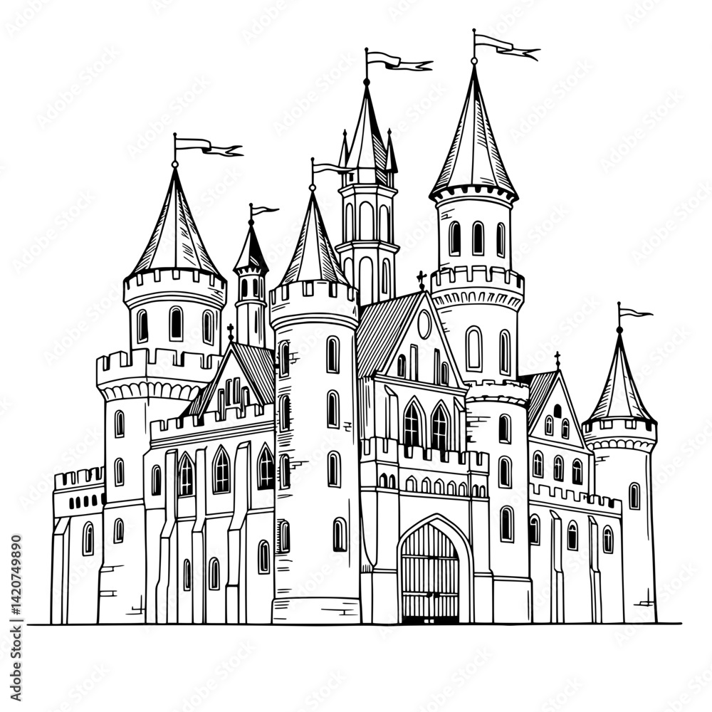 Medieval Castle Illustration: A majestic medieval castle with towering turrets, ornate windows, and a grand entrance gate, depicted in a classic black and white line drawing style. Medieval Castle Illustration: A majestic medieval castle with towering turrets, ornate windows, and a grand entrance gate, depicted in a classic black and white line drawing style.