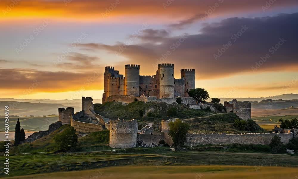 A Medieval Castle in Golden Fields With Sunset Background A Medieval Castle in Golden Fields With Sunset Background