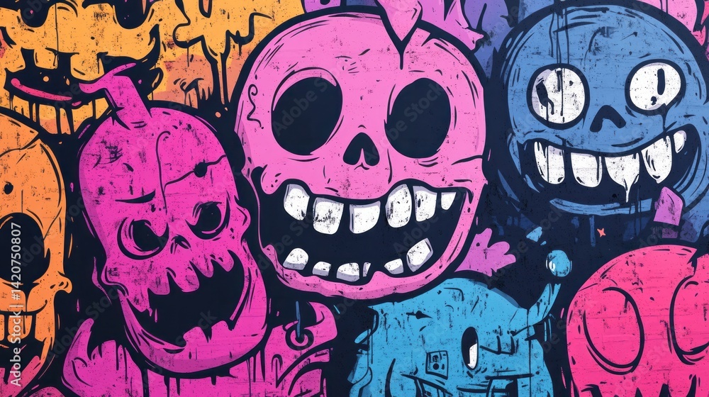 Obraz premium Colorful graffiti art features multiple cartoonish skull like characters