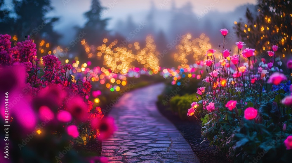 Obraz premium Colorful garden pathway illuminated by colorful lights and blooming flowers