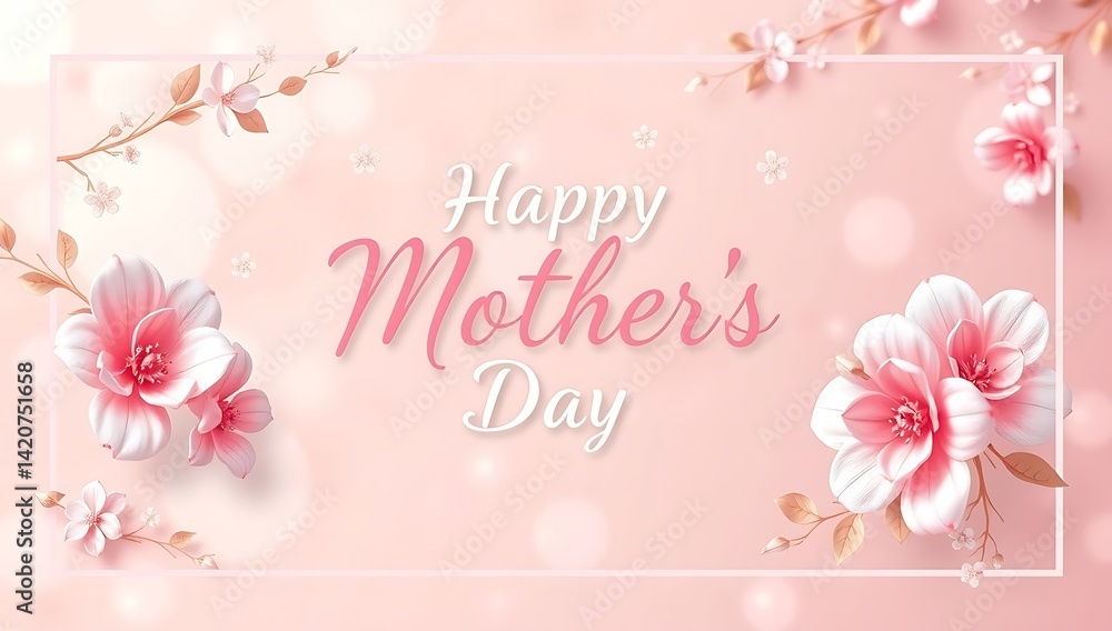 Naklejka premium Dreamy bokeh pink border with stylized flowers, soft abstract Mother's Day template