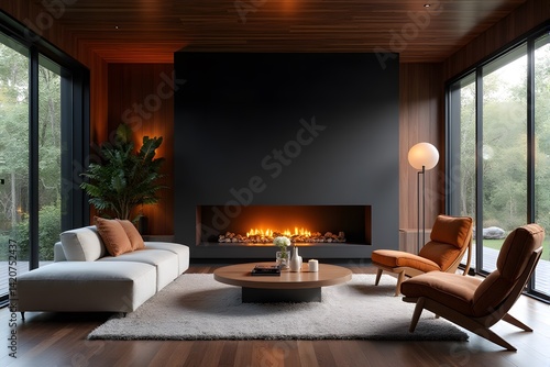 living room with fireplace dark grey theme cozy warm