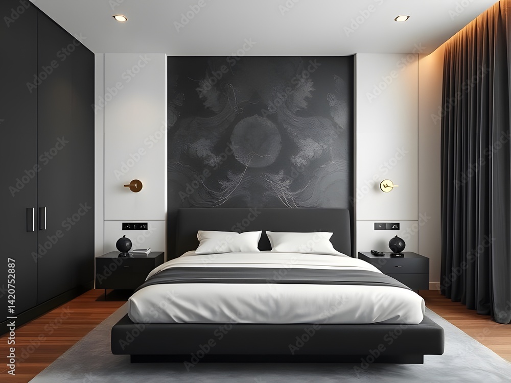 interior of a bedroom white grey dark theme abstract feature wall interior of a bedroom white grey dark theme abstract feature wall