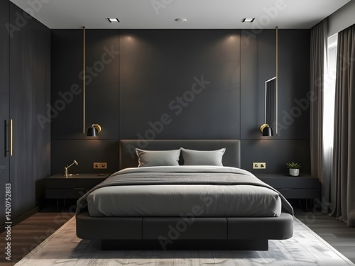 dark hotel room apartment bedroom grey charcoal modern sleek lighting king size bed