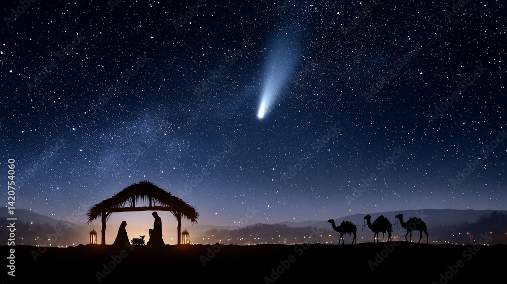 Fototapeta premium Silhouette nativity scene under a starry night sky with a comet