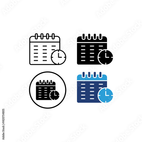 four calendar icons that show the theme of time management. Each icon shows a calendar with a clock symbol. suitable for use in time management materials, planning applications, or presentations 