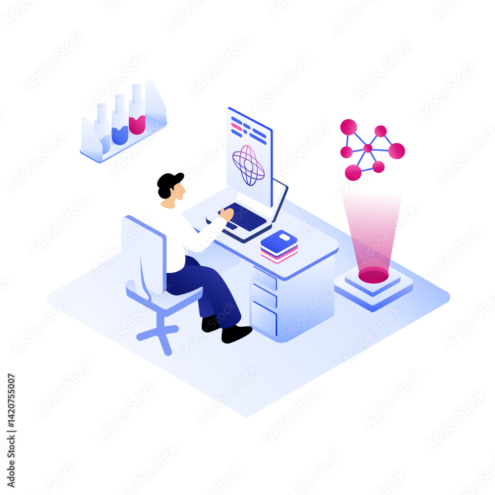 Quantum Computing Research Isometric scientist examining a glowing cube with graphs. Atmosphere is focused, futuristic. Perfect for quantum technology, science visuals Quantum Computing Research Isometric scientist examining a glowing cube with graphs. Atmosphere is focused, futuristic. Perfect for quantum technology, science visuals