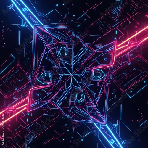 Vibrant neon abstract patterns with intricate geometric octal shapes, glowing lines that pulse with an otherworldly energy, and mesmerizing colorful gradients that shift seamlessly from one hue 