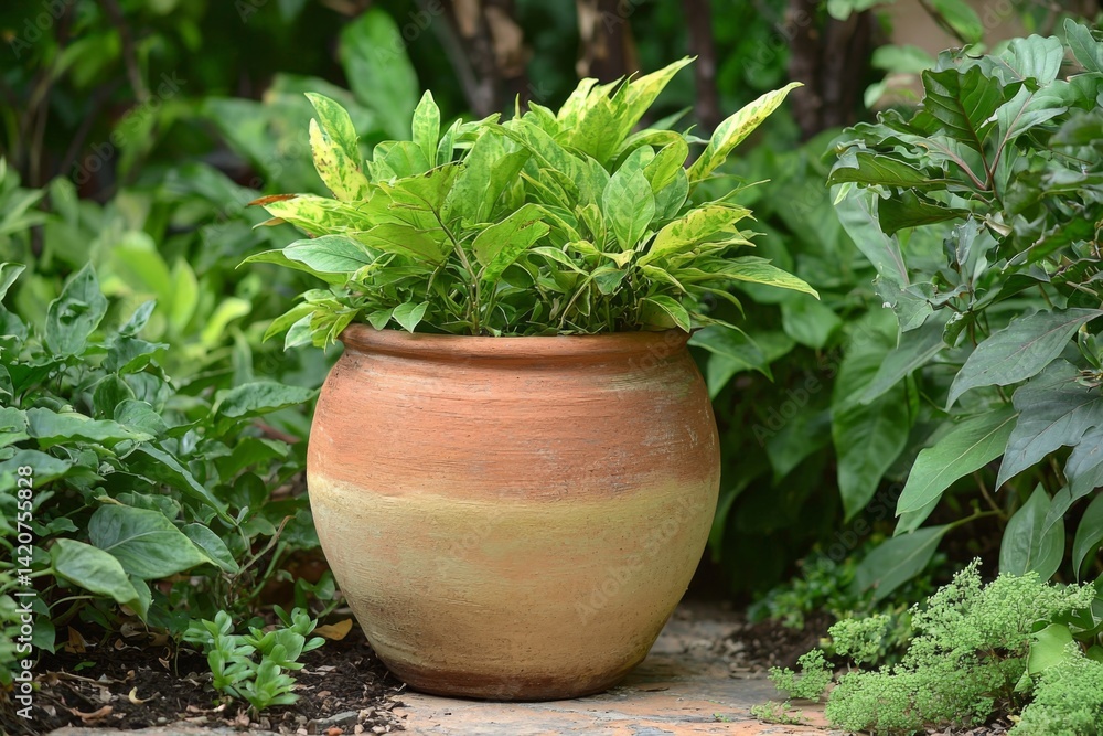 clay pot showcasing its rich texture and earthy tones, set against a backdrop of vibrant garden plants, highlighting its role in enhancing garden aesthetics clay pot showcasing its rich texture and earthy tones, set against a backdrop of vibrant garden plants, highlighting its role in enhancing garden aesthetics