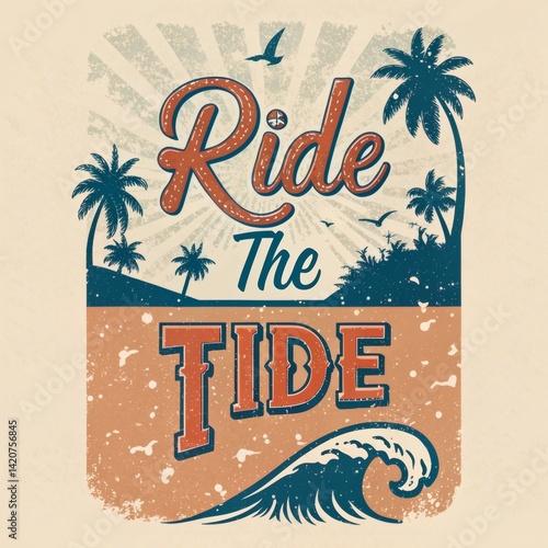 Vintage-inspired design featuring palm trees, ocean wave, and 