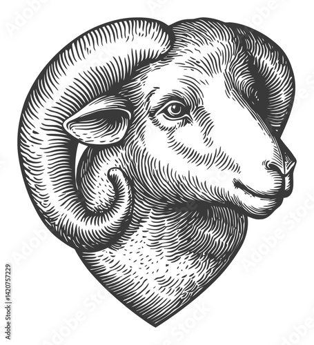 Detailed Hand-Drawn Engraving of a Ram Head with Intricate Features