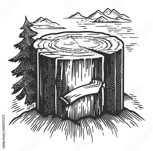 Hand Drawn Engraving of a Tree Stump with Scenic Background