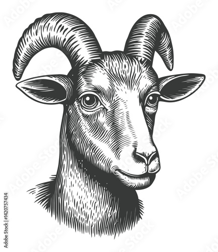 Hand-Drawn Illustration of a Goat Head in Engraving Style