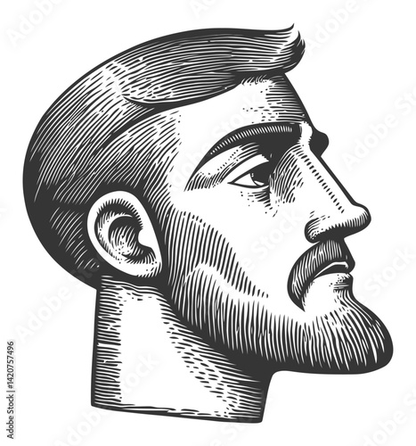 Hand-Drawn Engraving of a Profile of a Man with Beard