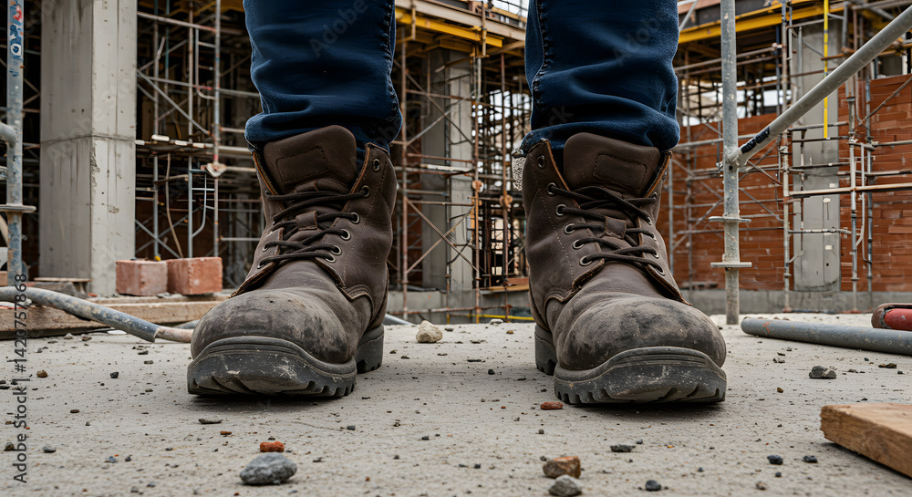 Construction site featuring a worker in sturdy boots standing on a gravel surface with scaffolding and building materials in the background Construction site featuring a worker in sturdy boots standing on a gravel surface with scaffolding and building materials in the background