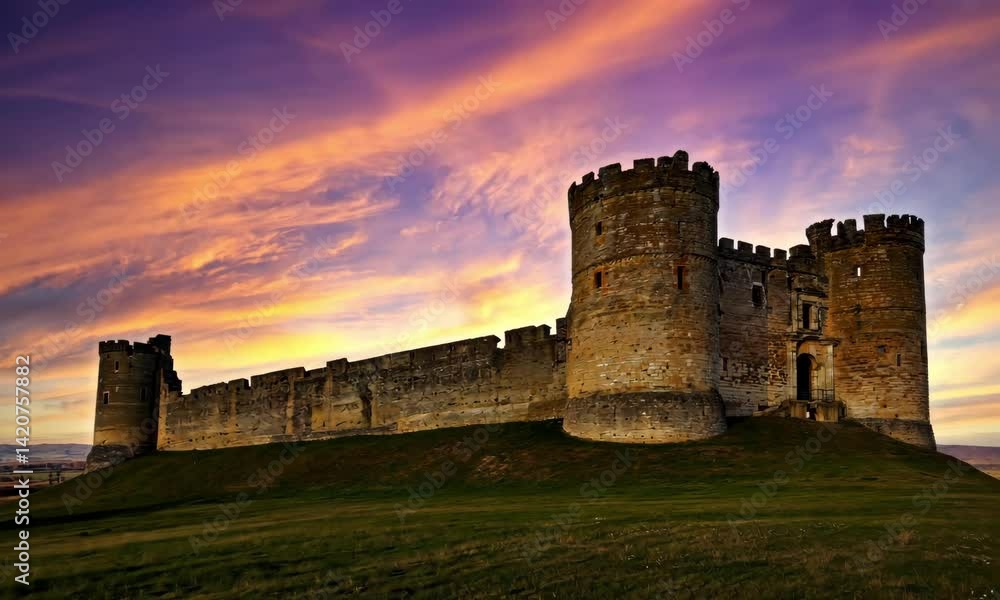 A Medieval Castle in Golden Fields With Sunset Background A Medieval Castle in Golden Fields With Sunset Background