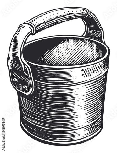 Hand-Drawn Engraving of a Vintage Metal Bucket with Handle