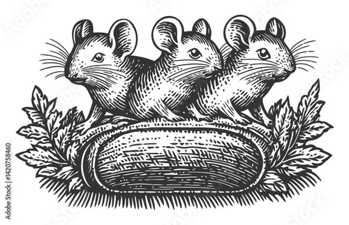 Vintage Hand Drawn Engraving of Three Mice Nesting Together