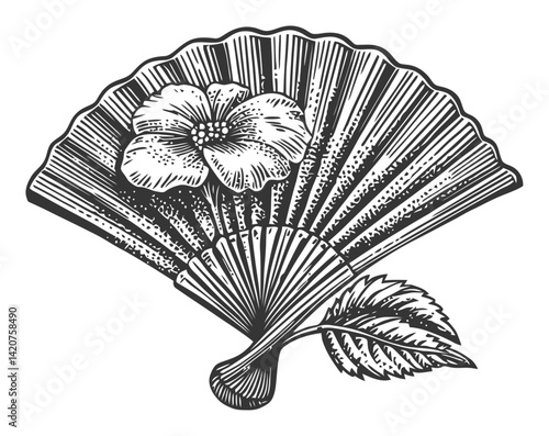 Elegant Hand-Drawn Engraving of a Flowered Fan Illustration