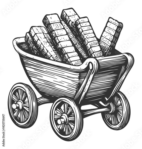 Vintage Hand-Drawn Engraving of Cart Filled with Wooden Blocks