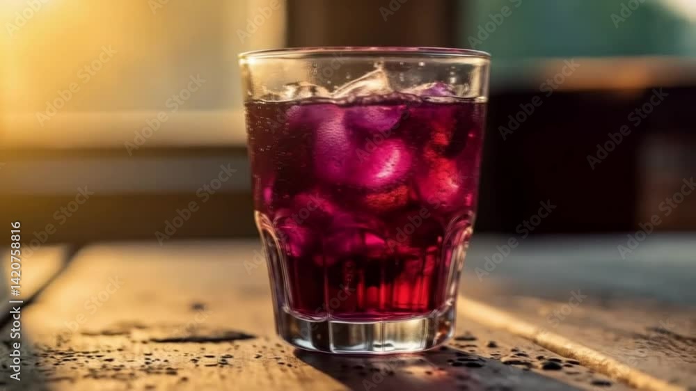 Glass of Purple Drink with Ice on a Wooden Surface in Sunlight Glass of Purple Drink with Ice on a Wooden Surface in Sunlight