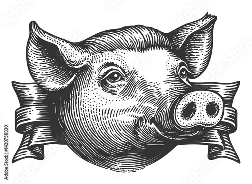 Hand-Drawn Engraving of Pig Head with Decorative Banner Illustration