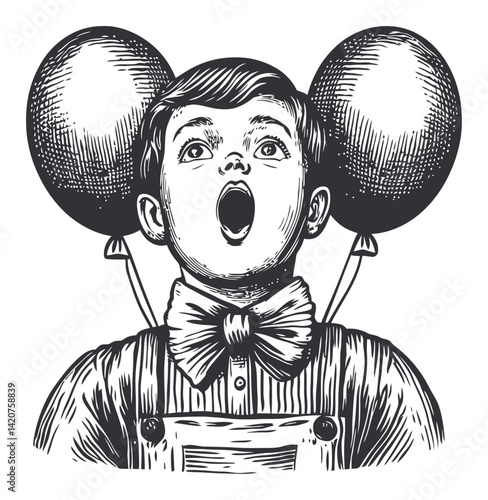 Detailed Hand-Drawn Engraving of Boy with Balloons and Expression