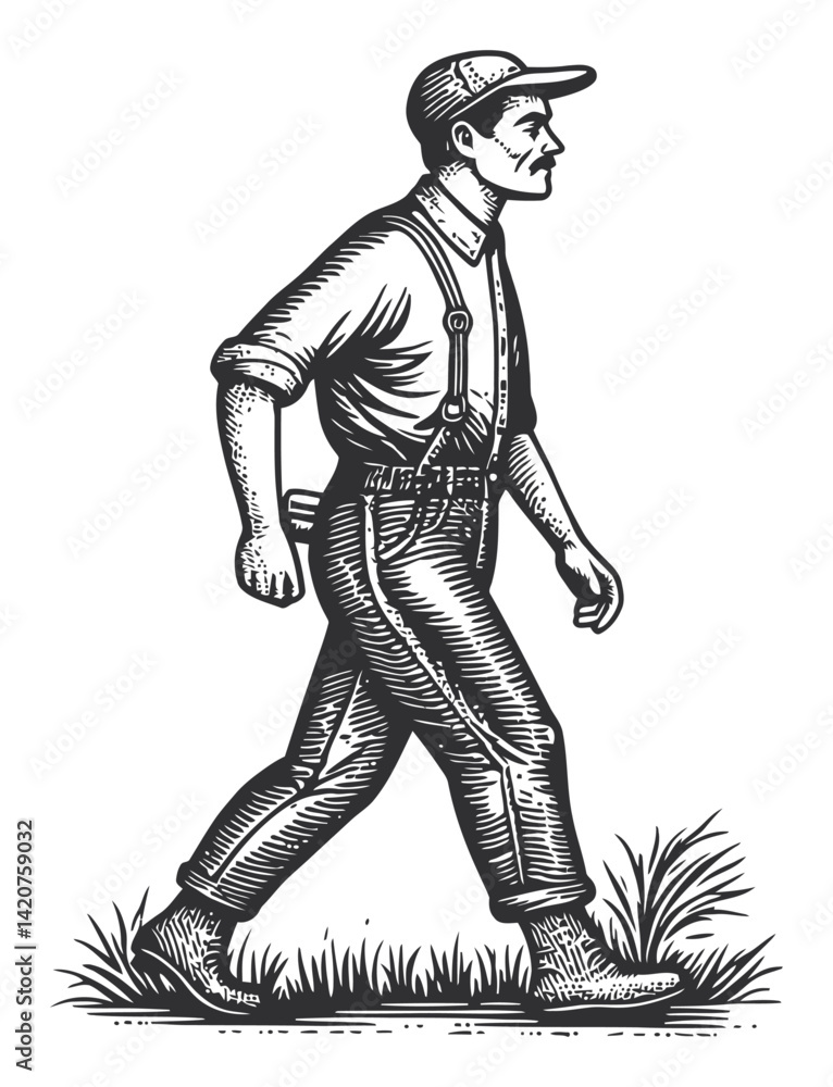 Fototapeta premium Hand Drawn Engraving of a Man Walking in Vintage Style Illustration