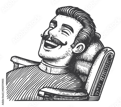 Vintage Engraving of a Happy Man in Barber Chair Illustration Art
