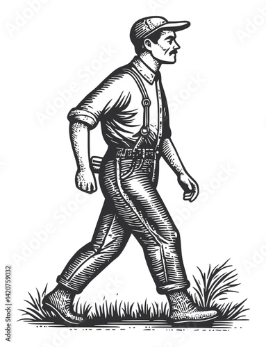 Hand Drawn Engraving of a Man Walking in Vintage Style Illustration