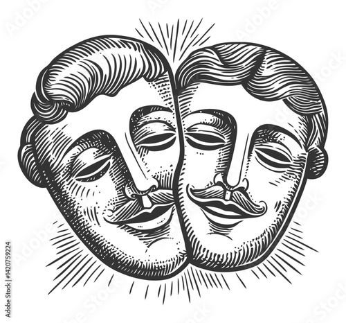 Vintage Hand-Drawn Engraving of Two Male Faces with Expressions