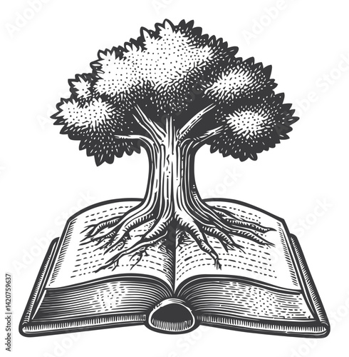 Hand-Drawn Engraving of Tree Growing from Open Book Illustration
