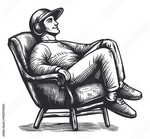 Relaxing Man in Vintage Chair Engraving with Hand-Drawn Style