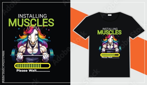 Funny gym t-shirt design with unicorn illustration and installing muscles loading bar graphic